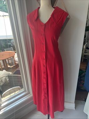 VINTAGE 90s Retro Coral Red Button-Front Sleeveless Maxi Dress Cotton Sz Medium